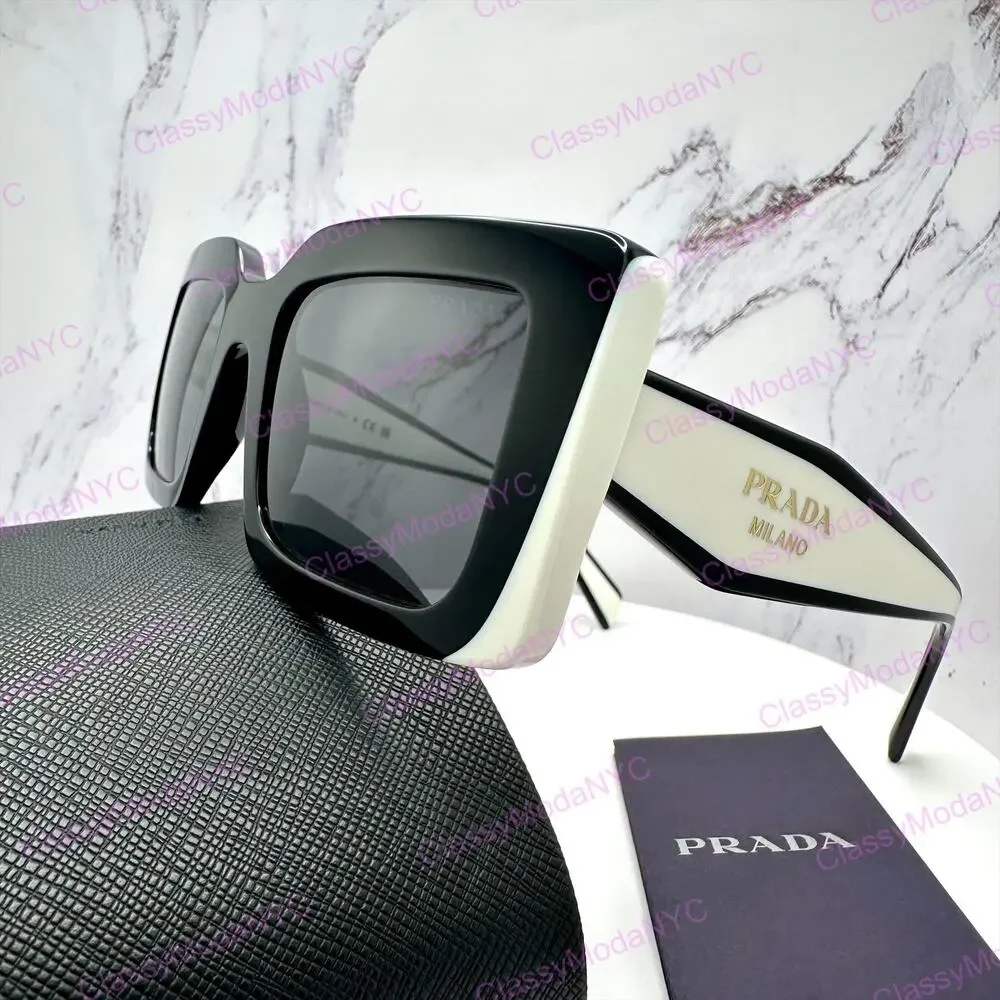 New PRADA Sunglasses Black White Talc Gold Symbole Logo Womens Rectangle